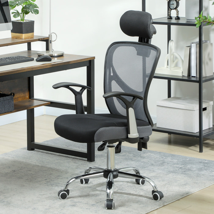 Silla de Escritorio Giratoria Silla de Oficina con Altura Ajustable Respaldo Reclinable Reposacabezas Regulable y Soporte Lumbar Tapizado en Malla Transpirable Gris Oscuro