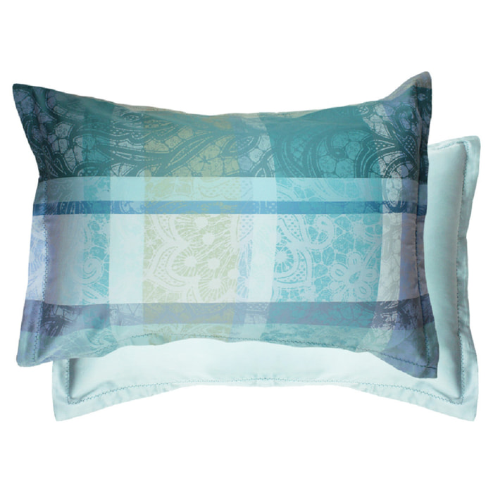 Taie d'oreiller satin de coton motif jacquard bleu Mille dentelles turquoise