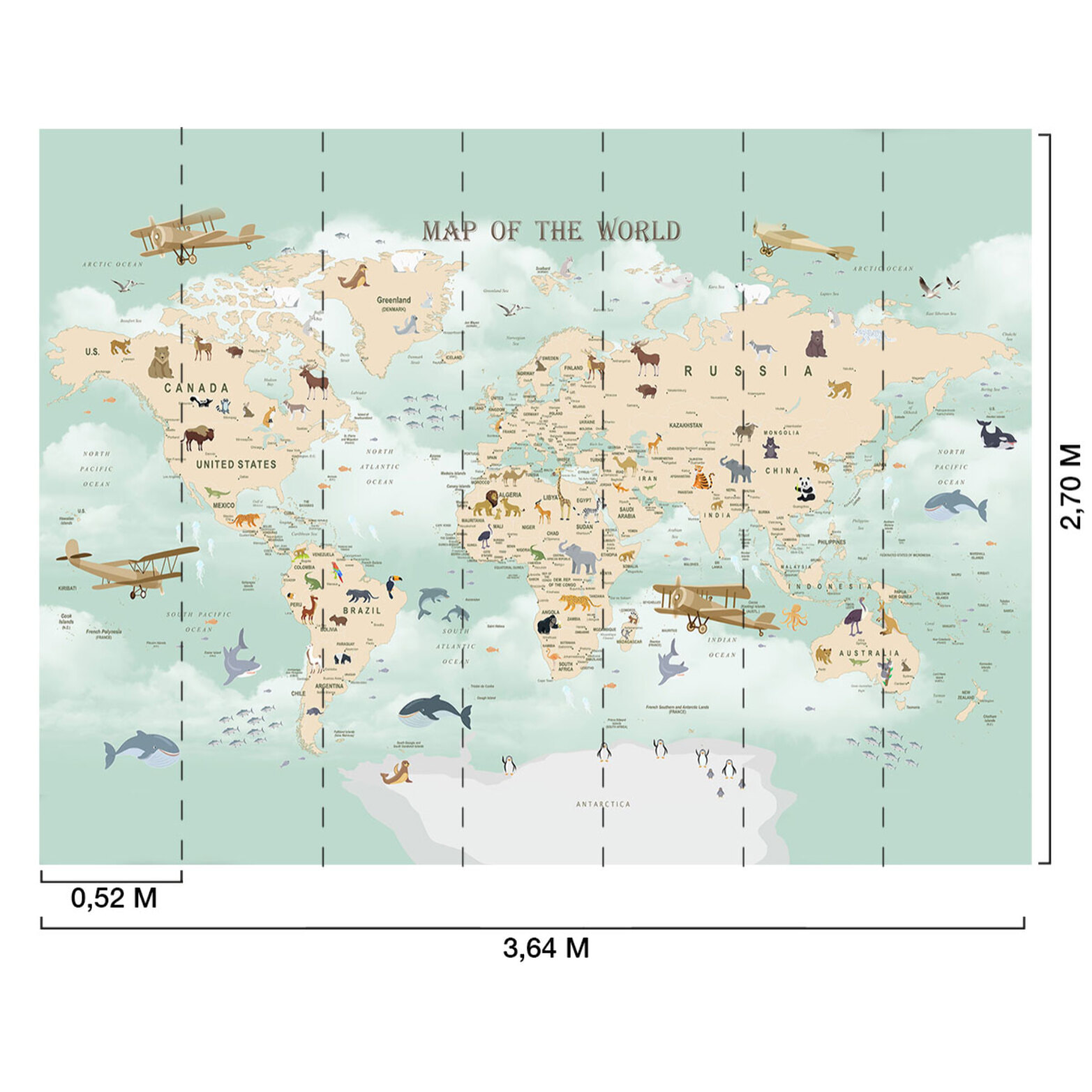 Papier peint enfant carte du monde avions Intissé