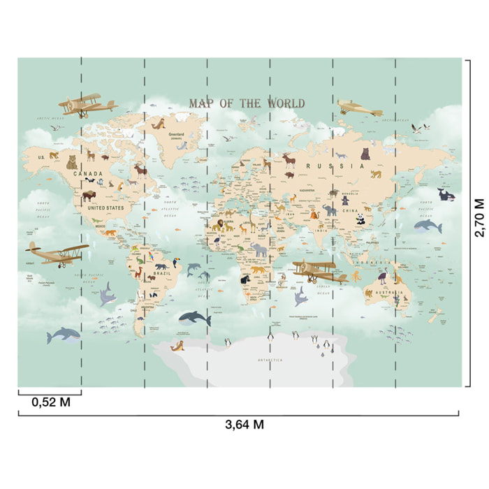 Papier peint enfant carte du monde avions Intissé