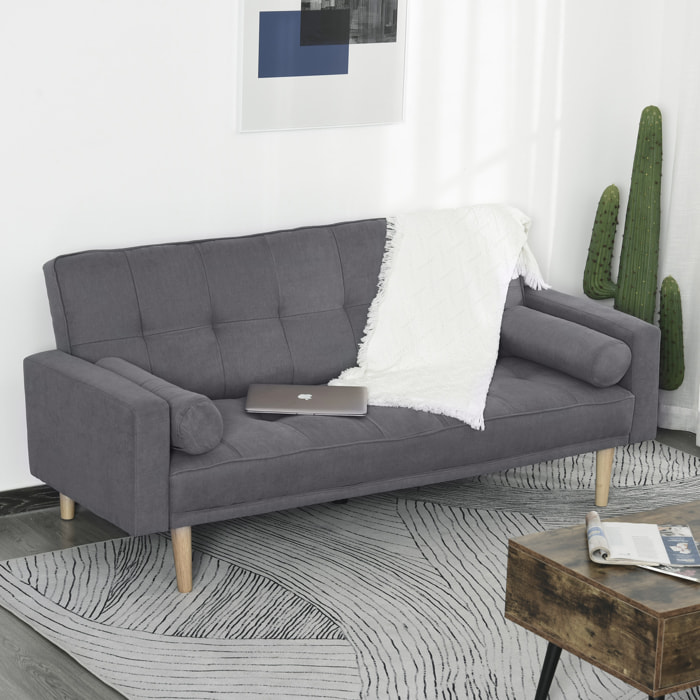 Canapé convertible 3 places design scandinave dossier inclinable 3 positions pieds bois tissu lin gris