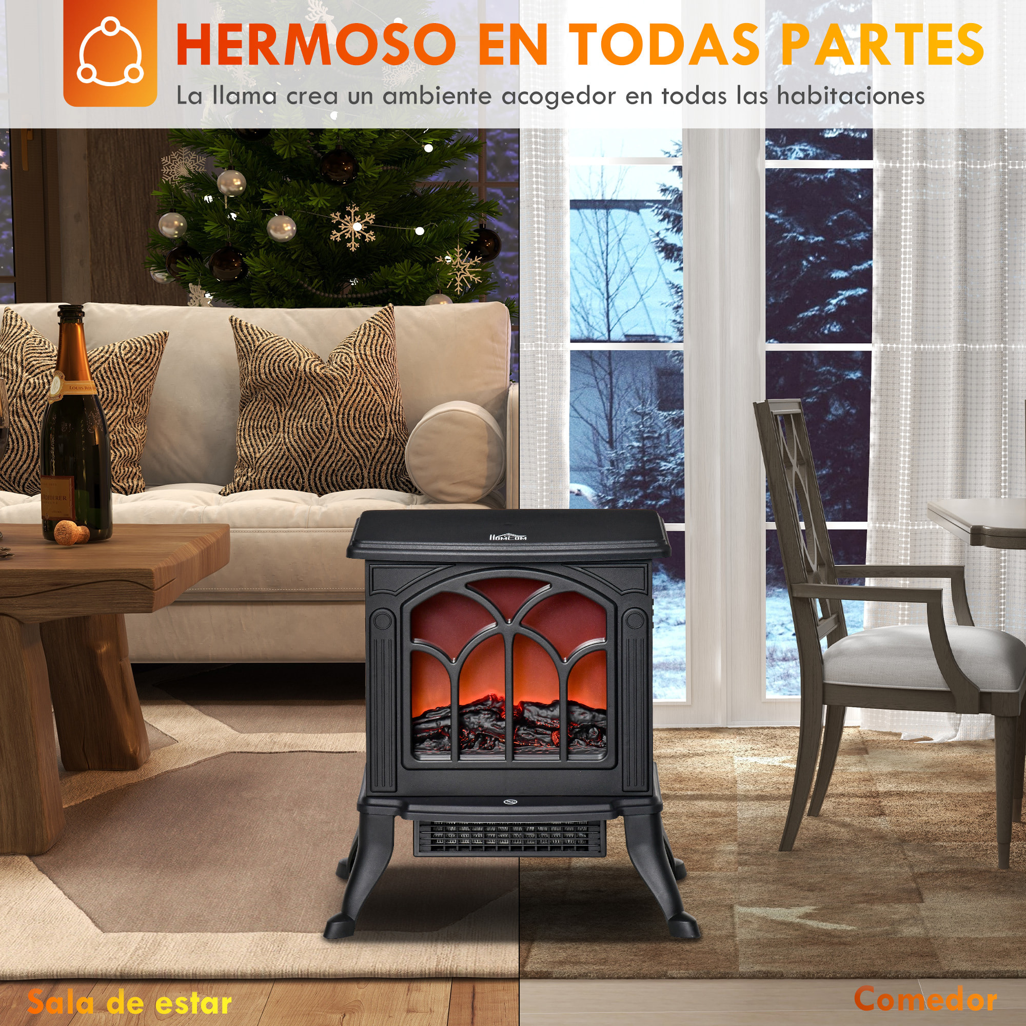 Chimenea Eléctrica de Pie 750/1500 W, Chimenea Decorativa con 2 Niveles de Potencia, Efecto Llama, Protección Sobrecalentamiento, Área de Cobertura 15-20 m², Negro