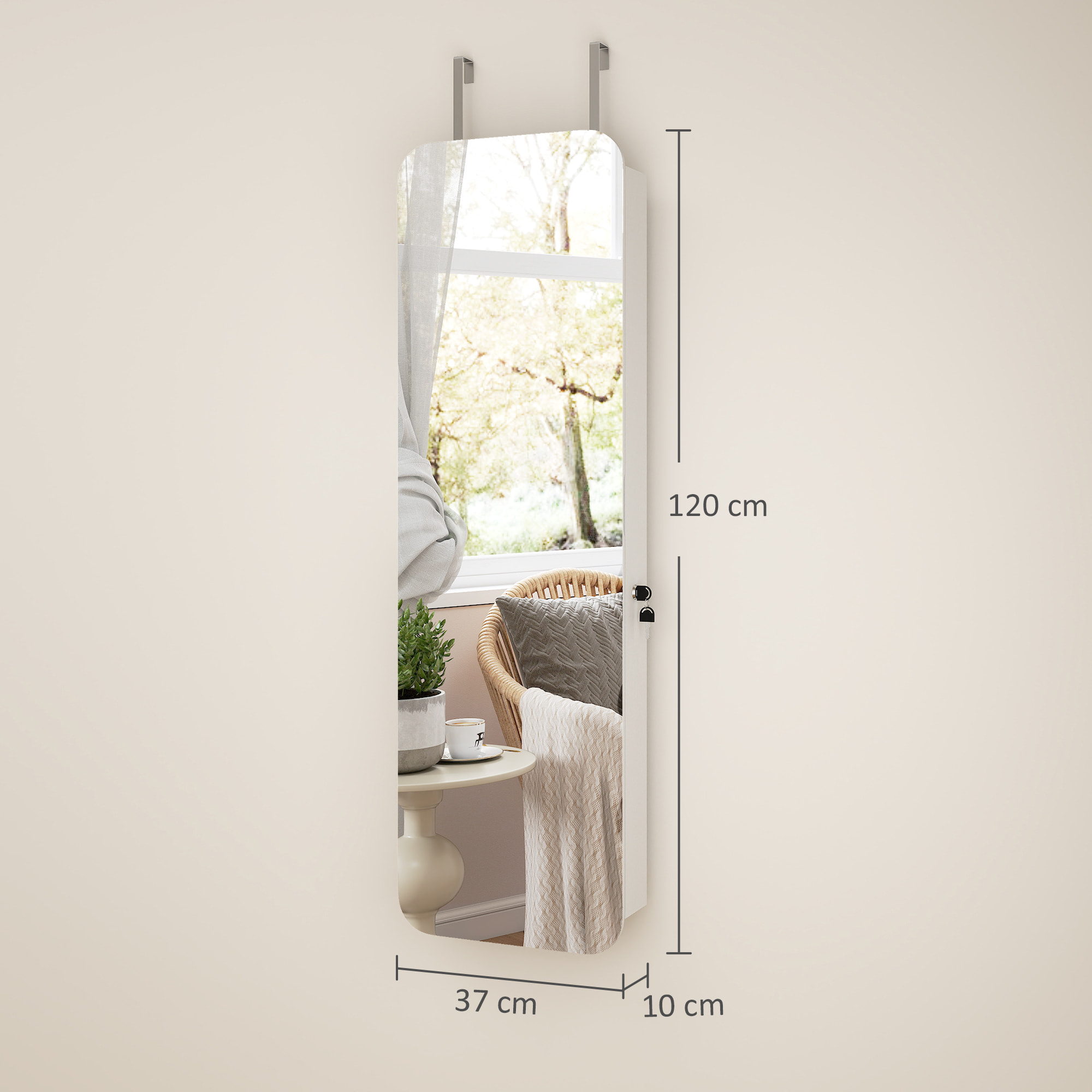 Espejo Joyero con Luz LED, Armario Joyero Montado en la Pared o en la Puerta, Armario para Joyas con Cerradura, Espejo Entero, 2 Cajones, Blanco