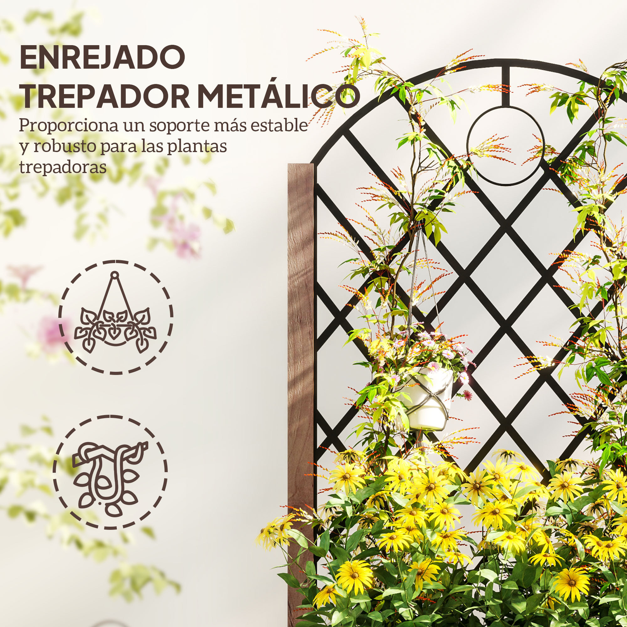 Juego de 2 Jardineras de Exterior Jardineras con Enrejado Metálico para Plantas Trepadoras Maceteros con Ruedas para Jardín Patio 52x25x97 cm Natural