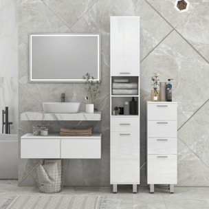 Mueble Auxiliar Baño Moderno Armario de Baño con 1 Cajón 3 Estantes Ajustables y 2 Armarios Mueble Auxiliar de Almacenaje para Salón Dormitorio 30x30x180 cm Blanco Brillante