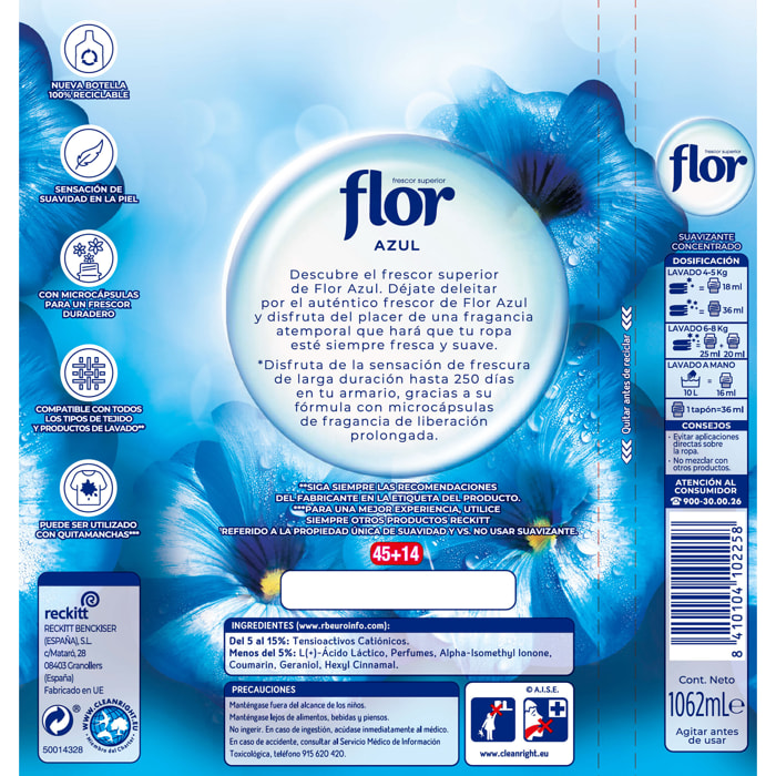 Flor Azul Suavizante para la Ropa, pack de 590 lavados (10botellas x 59 lavados)