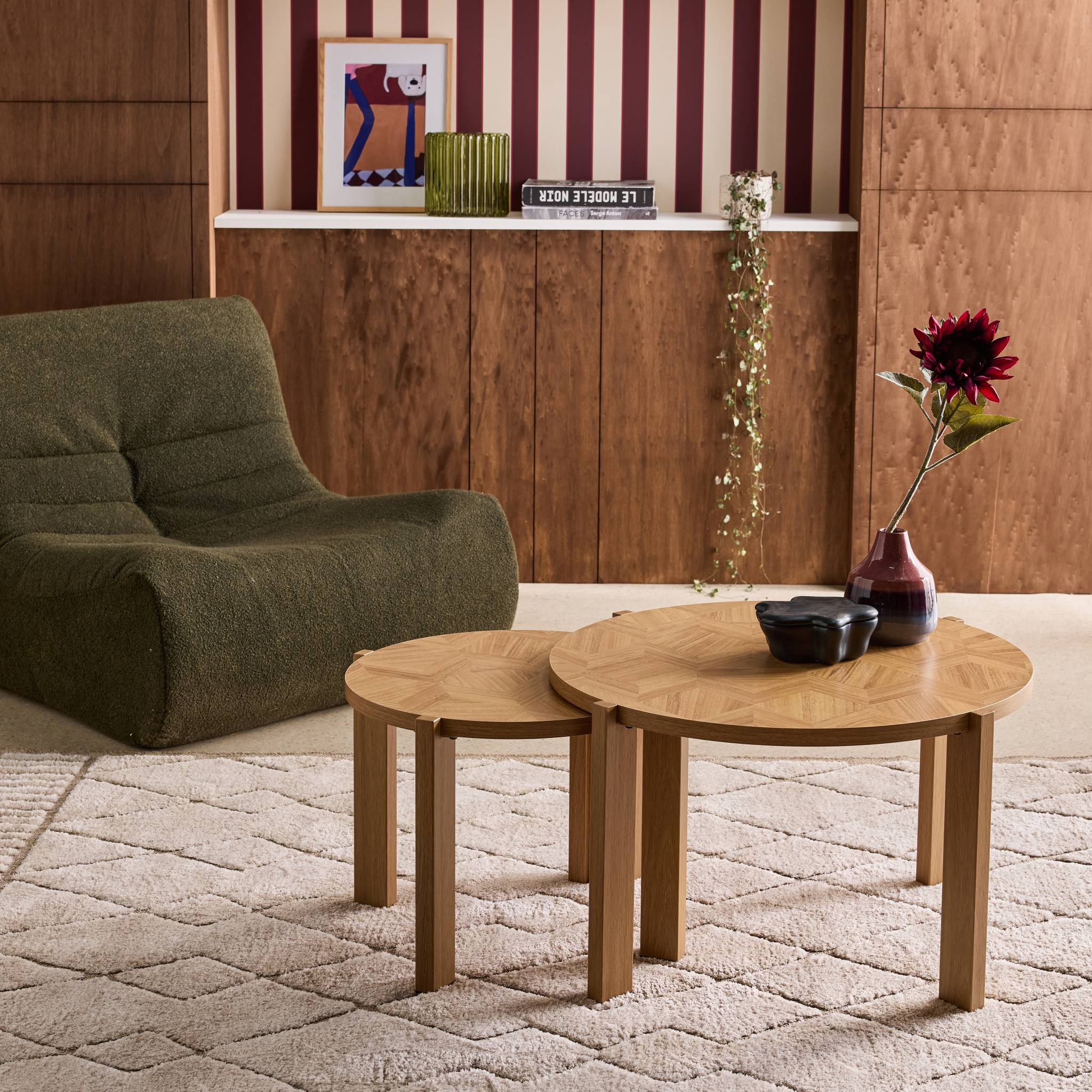 Tables gigognes vintage rondes plateau effet chevrons  ZALA