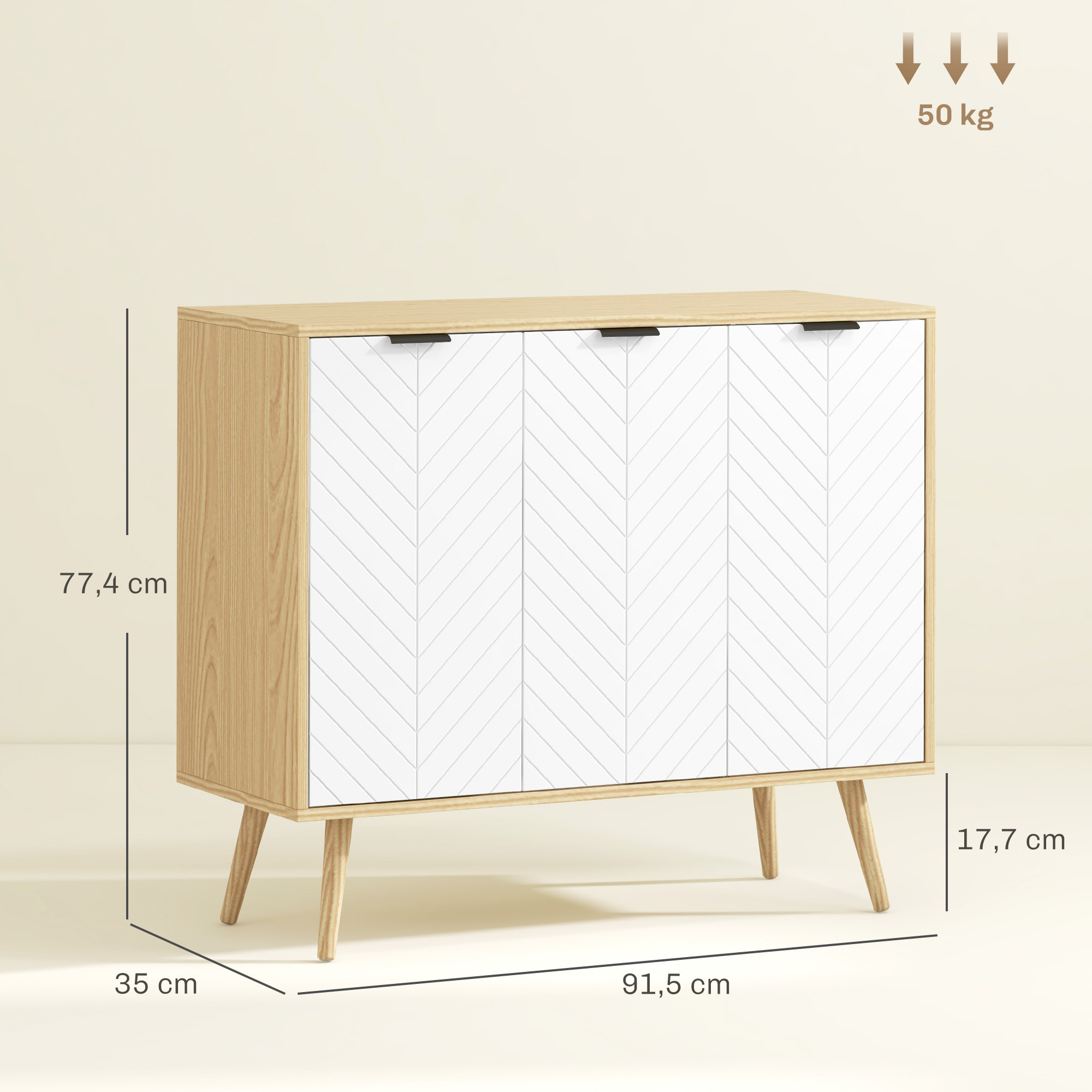 Aparador de Cocina Mueble Auxiliar de Cocina con 3 Puertas con Patrón de Espiga Patas de Madera y Estantes Ajustables Mueble Buffet para Comedor Salón 91,5x35x77,4 cm Blanco y Natural