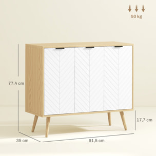 Aparador de Cocina Mueble Auxiliar de Cocina con 3 Puertas con Patrón de Espiga Patas de Madera y Estantes Ajustables Mueble Buffet para Comedor Salón 91,5x35x77,4 cm Blanco y Natural