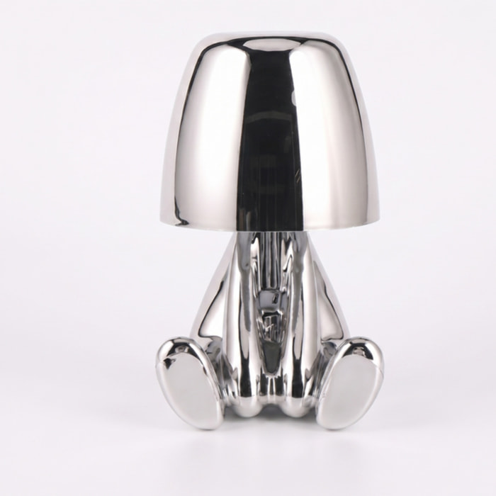 Lampada LED Sitting Kid ricaricabile USB, lampada da tavolo design moderno oro o argento, luce dimmerabile 3 colori, lampada wireless decorativa per camera comodino salotto ufficio e ambienti luxury