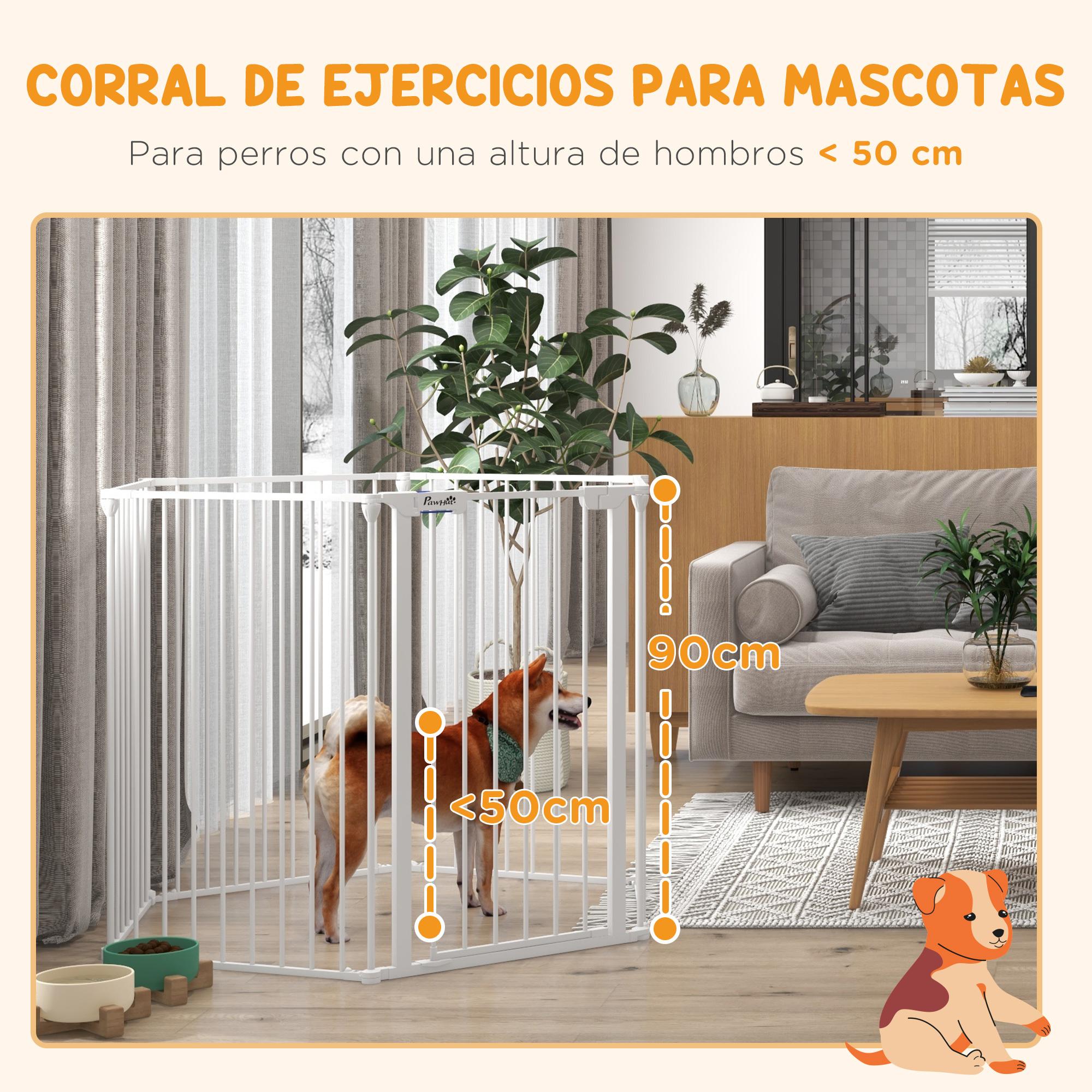 Parque para Perros de 6 Paneles Corralito para Mascotas Plegable de Acero con Doble Cerradura Función de Bloqueo Auxiliar y Forma de Bricolaje para Pasillos Escaleras 123x102x90 cm Blanco