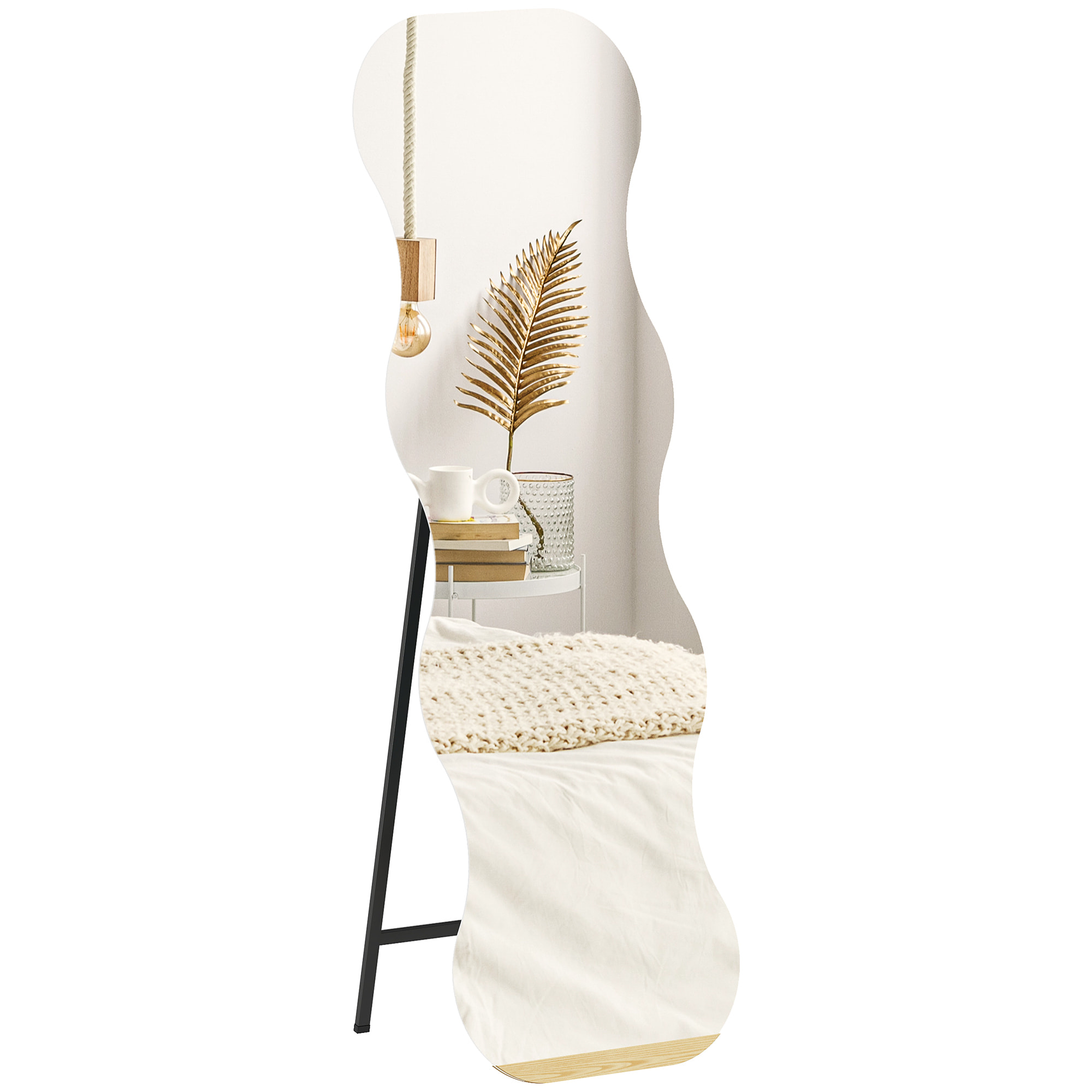 Espejo de Cuerpo Entero Ondulado 160x50 cm, Espejo de Pie o Apoyado en la Pared, sin Marco, Base de Madera, para Salón, Dormitorio, Pasillo, Entrada