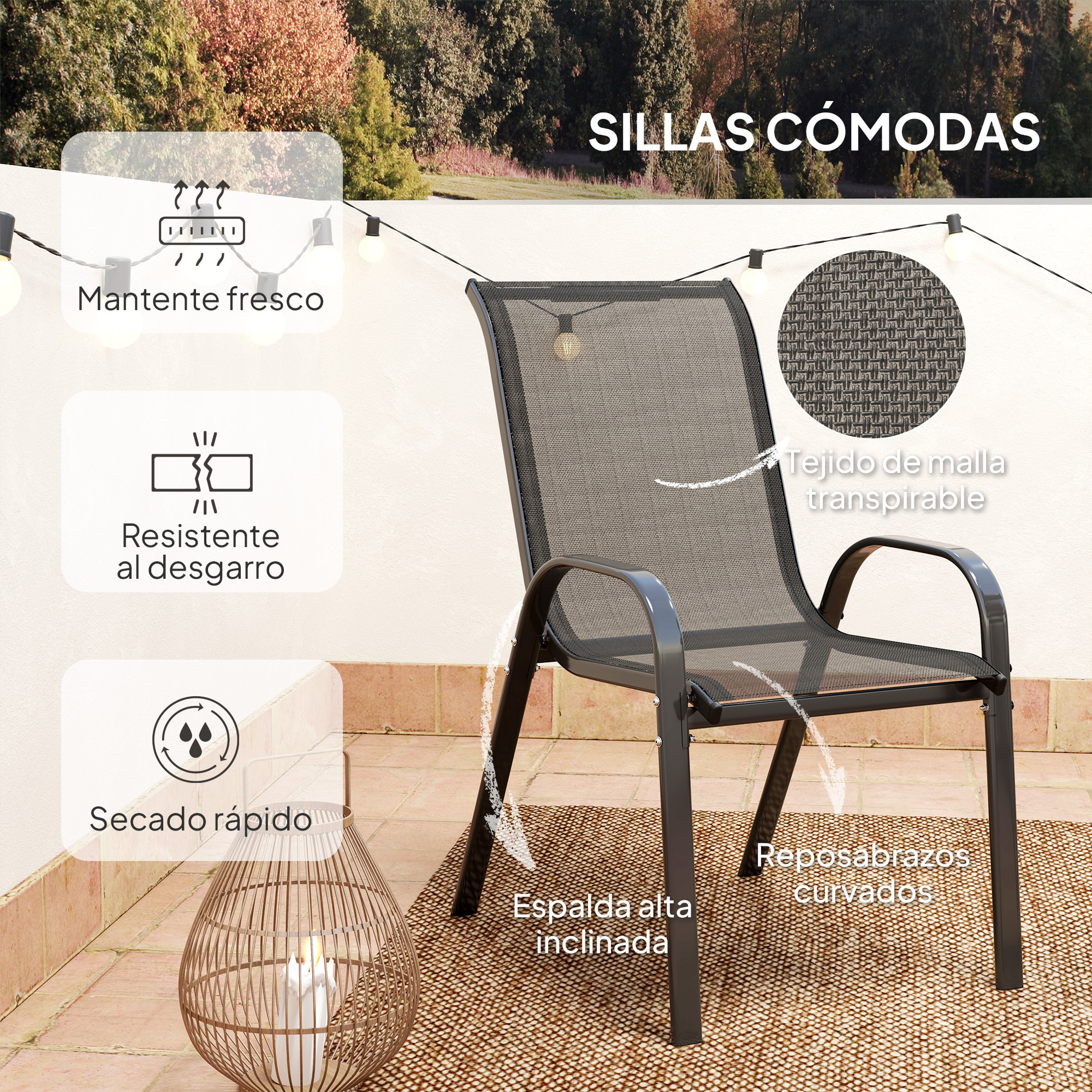 Conjunto de Mesa y Sillas de Terraza Exterior de 3 Piezas Muebles de Jardín Exterior con Sillas Apilables Encimera de Vidrio y Estructura de Acero para Patio Negro