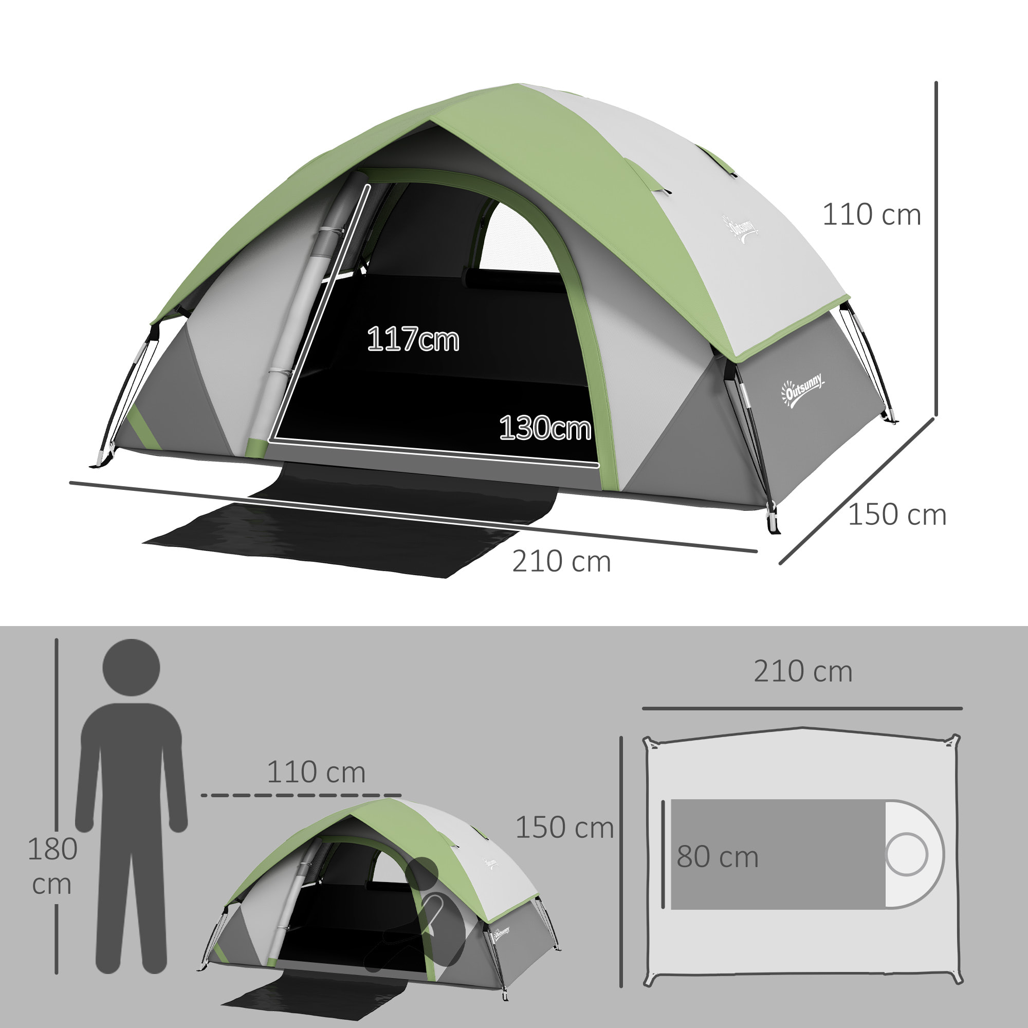 Tente de camping 2 personnes dôme étanchéité 3000 mm tapis de sol sac transport vert gris
