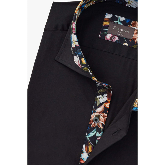 Camicia Uomo 1 Bottone Francese Contrasto sul Collo Popeline Stretch Unito Nero