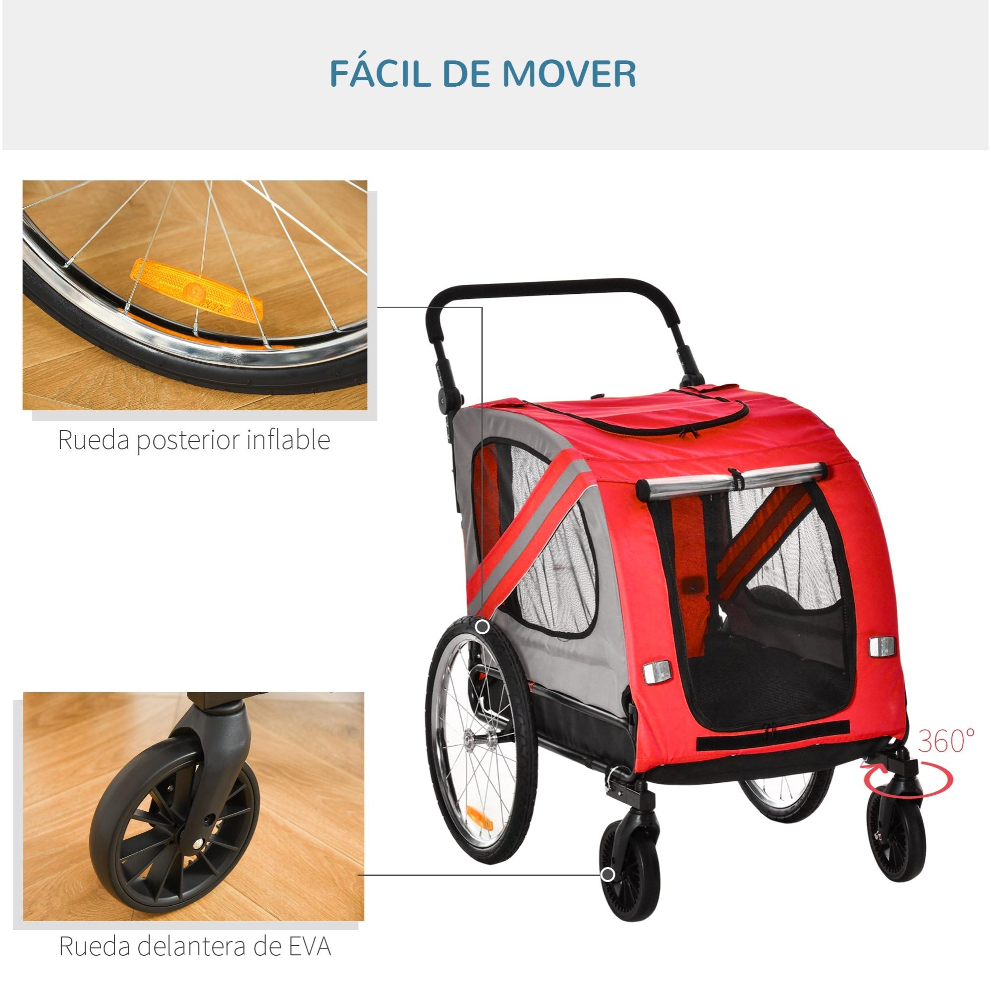 PawHut Remolque de Bicicleta Perros 2 en 1 Carrito Transporte para Mascotas con Puertas Enrollables Ventanas Cinturón de Seguridad Bandera y 6 Reflectores 140x72,5x108 cm Rojo