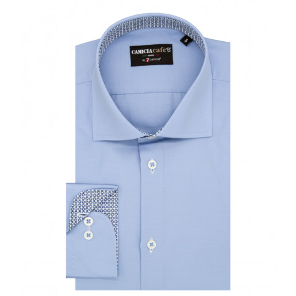Camicia Uomo 1 Bottone Francese Slim Cotone Poliestere Unito Celeste