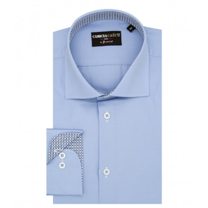 Camicia Uomo 1 Bottone Francese Slim Cotone Poliestere Unito Celeste