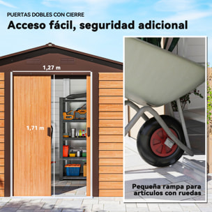 Caseta de Jardín Exterior 4,84 m² 278x195x215 cm Cobertizo de Jardín Exterior Metálica con 2 Puertas Corredizas y 4 Ventanas para Almacenamiento de Herramientas Efecto Madera Natural y Café