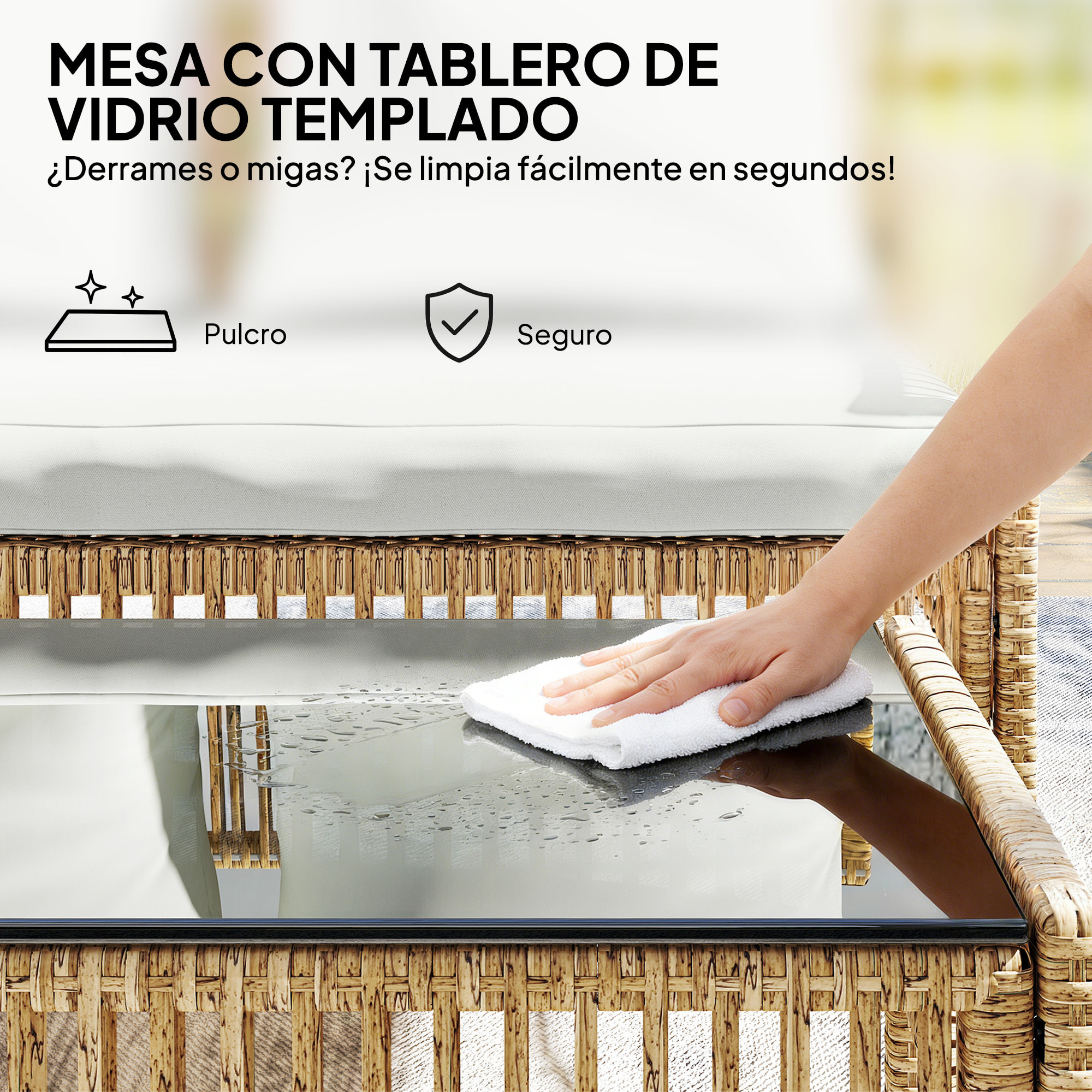 Conjunto de Jardín de Ratán de 3 Piezas, Muebles Jardín Exterior Incluye 1 Sofá de 2 Plazas, 1 Sofá Esquinera, 1 Mesa de Centro con Tablero de Vidrio Templado, Cojines, Resistente, Crema