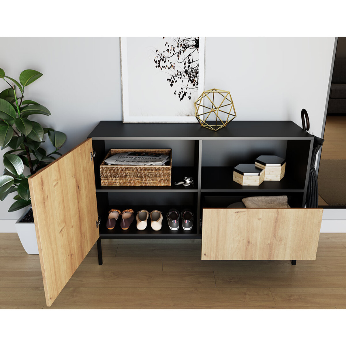 Felicia - buffet bas - effet bois et noir - 1 porte, 1 tiroir et 1 niche - 120 cm - Bois / Noir