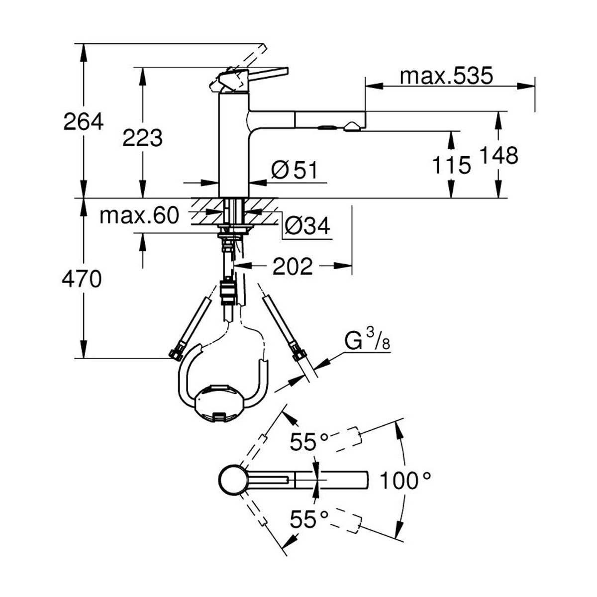 GROHE Mitigeur monocommande évier cuisine avec douchette extractible, finition Supersteel