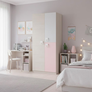 Armadio Giovanile A 3 Ante Armadietto Per Cameretta Ragazzi Con Barra Appendiabiti E 3 Ripiani Mobile Camera 200x52x90 Cm Bianco Alpi, Grigio E Rosa