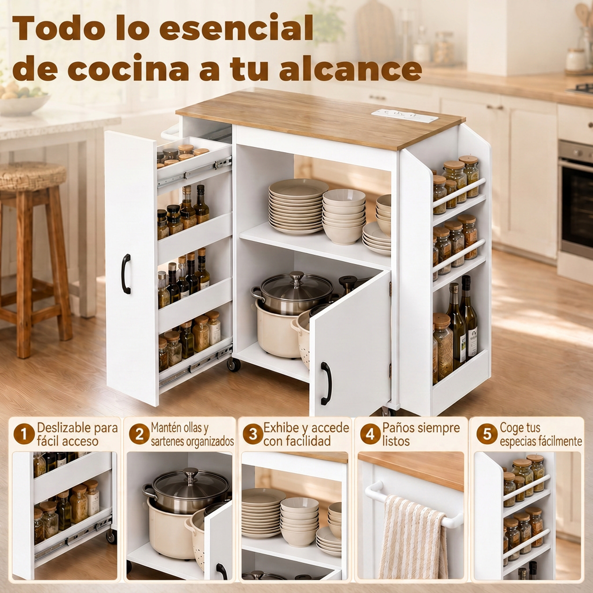 HOMCOM Carrito de Cocina con Ruedas y Estación de Carga, Carro de Cocina Rodante con Armario, Organizador Extraíble, Especiero y Barra de Toallas para Comedor o Salón, 80x40x88 cm, Blanco