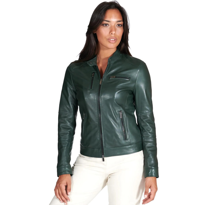 Giacca biker in pelle naturale verde effetto liscio