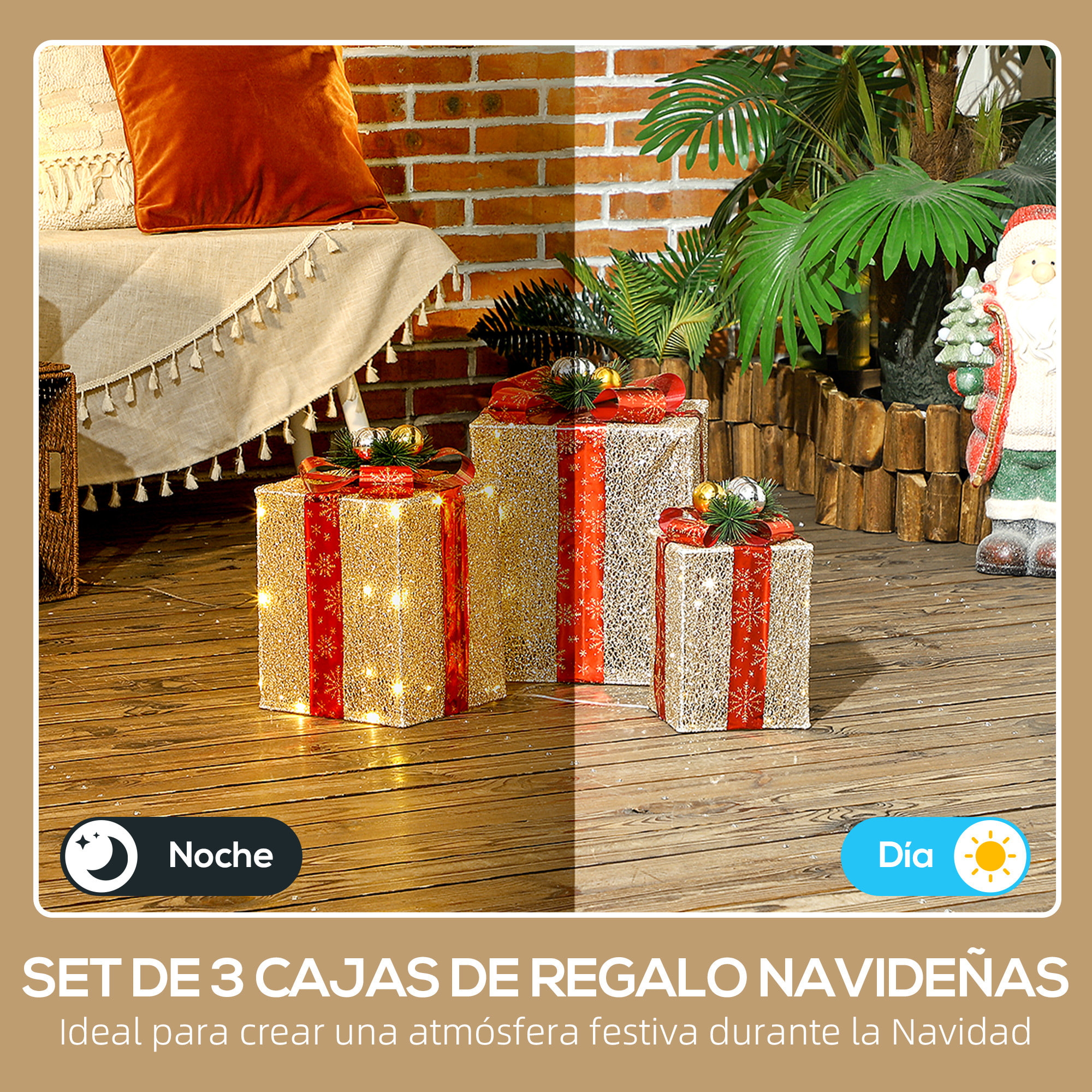 Juego de 3 Cajas de Regalo Navidad con Luces, Adornos Luminosos para Árbol de Navidad con 58 LED Blanco Cálido, Illuminación Navideña para Interior, Exterior y Fiesta, Dorado
