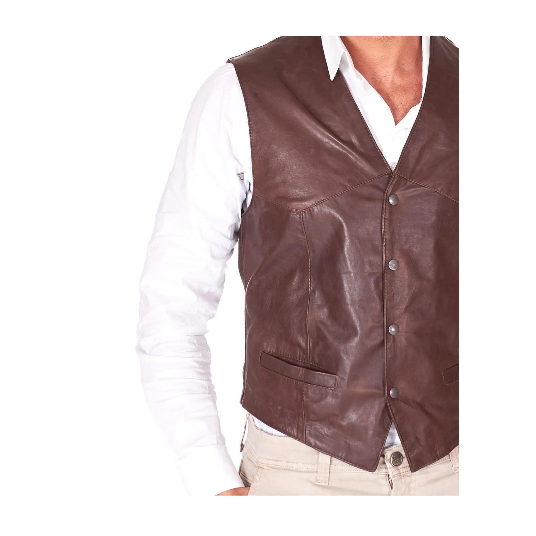 Gilet in pelle naturale marrone stile classico