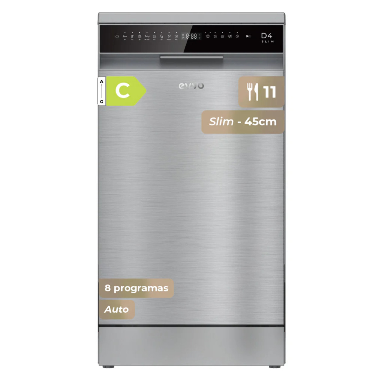 EVVO D4X Slim Lavavajillas 45cm Libre Instalación 11 Cubiertos 8 Programas Clase C