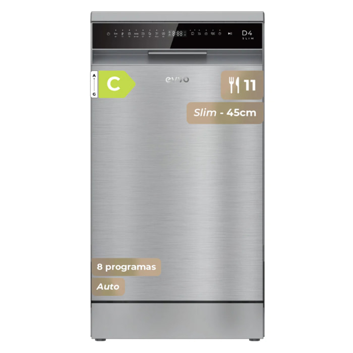 EVVO D4X Slim Lavavajillas 45cm Libre Instalación 11 Cubiertos 8 Programas Clase C
