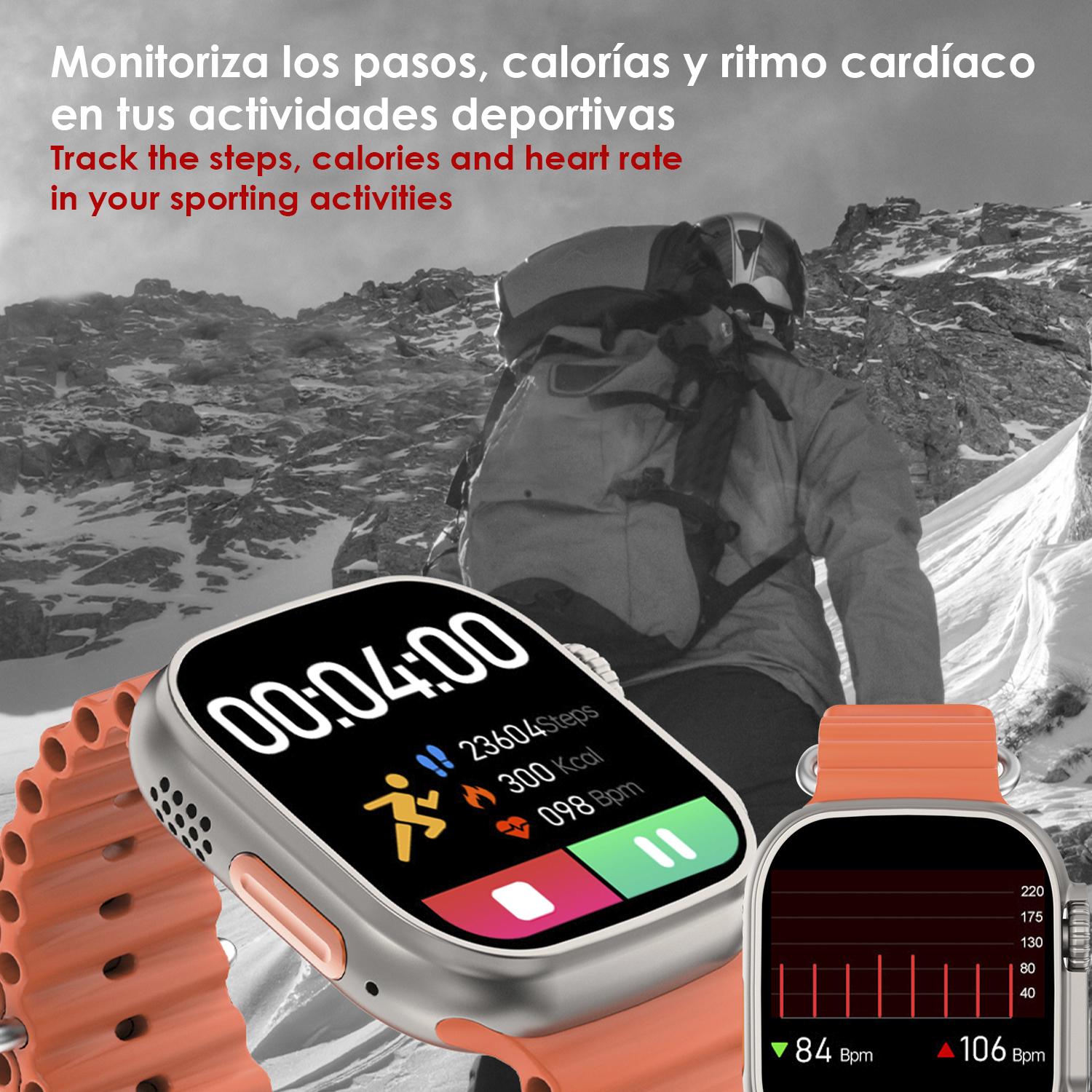 DAM Smartwatch DT8 Ultra con pantalla de 2.0 pulgadas HR y función Always-On display. Widgets personalizables. Correa Sea band. 4,8x1,3x4,3 Cm. Color: Plata