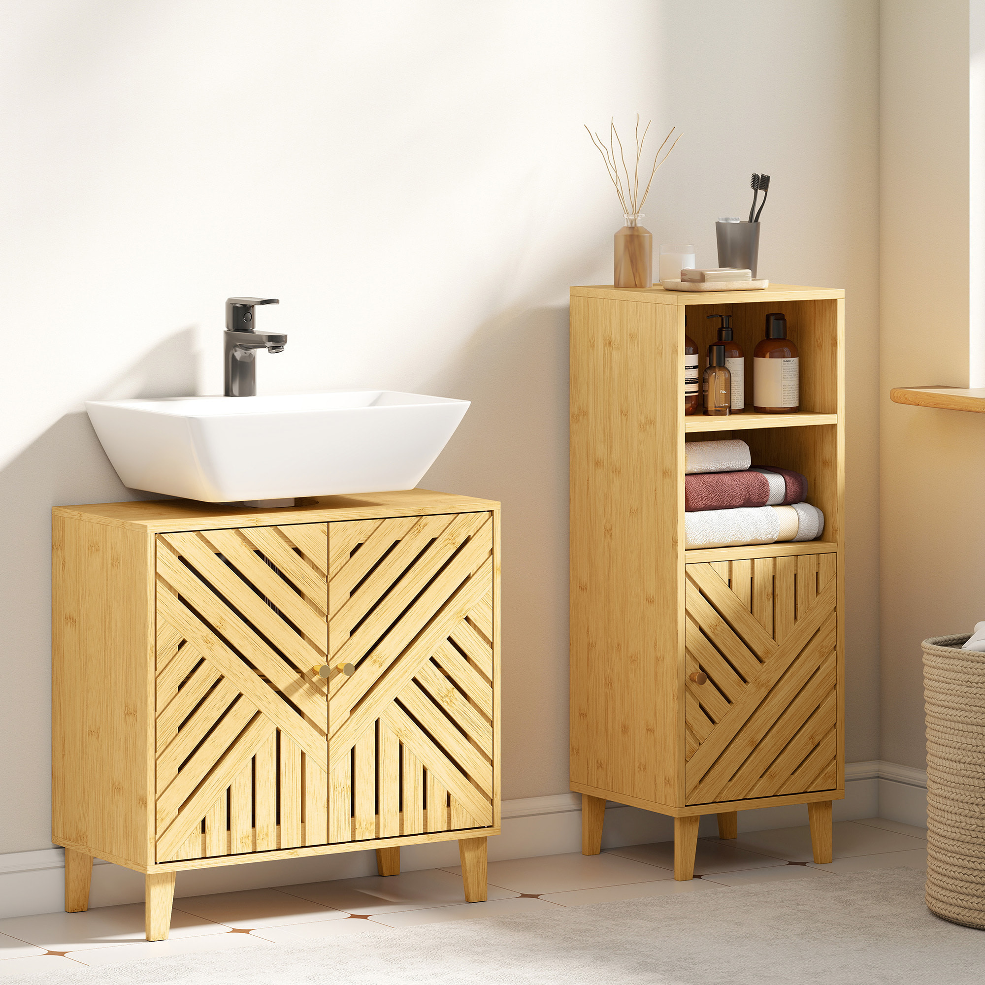 Meuble sous lavabo, meuble de salle de bain en bambou avec étagère réglable et portes à lattes, anti-humidité, 60 x 30 x 60 cm, naturel