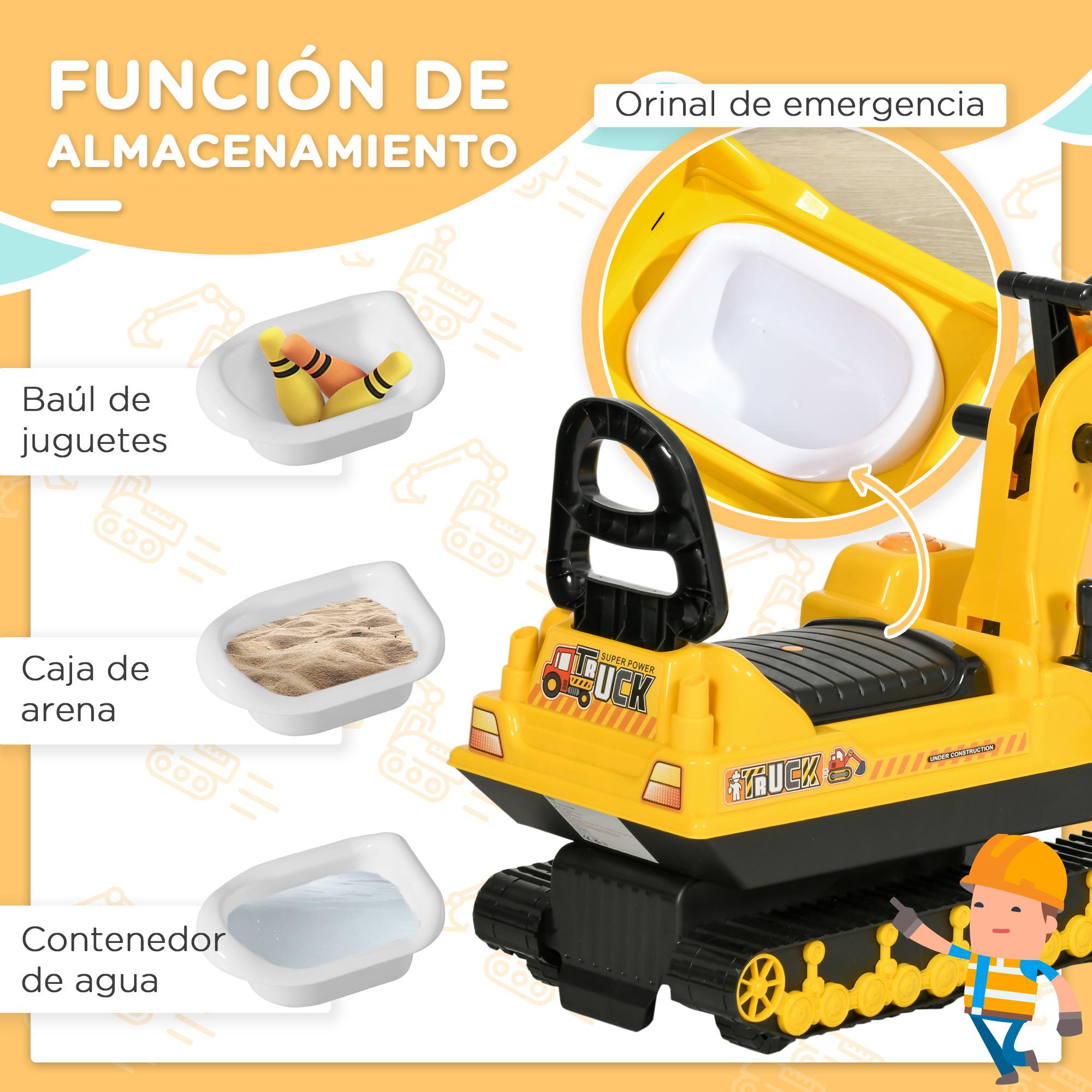 Excavadora sin Pedales para Niños de +3 Años Excavadora Correpasillos Camión de Construcción con Asiento de Almacenamiento Pala Delantera y Bocina Carga 30 kg 78x24x58,5 cm Amarillo