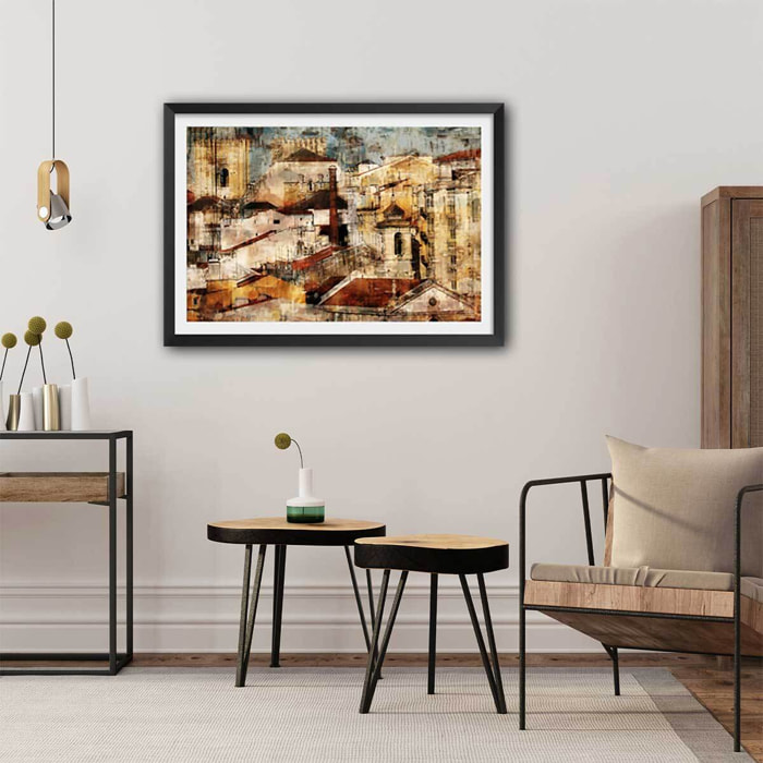 Affiche Alfama Lisbonne Affiche + cadre en bois - Noir