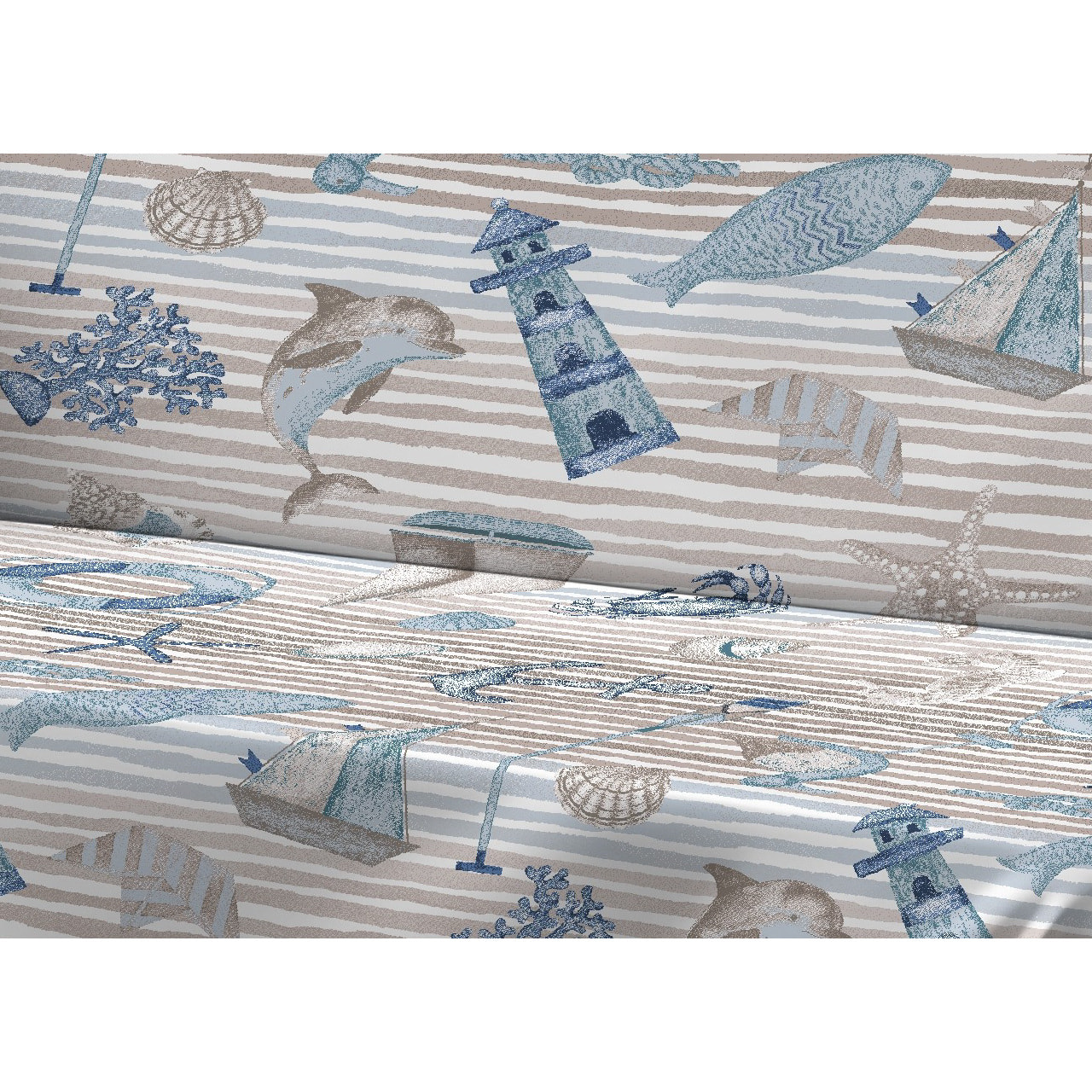 Telo Arredo Copritutto Grand Foulard Copridivano Copriletto 100% Cotone Disegno Mare Beige