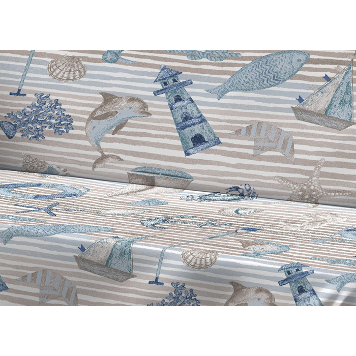 Telo Arredo Copritutto Grand Foulard Copridivano Copriletto 100% Cotone Disegno Mare Beige