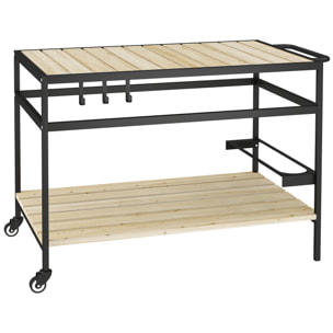 Desserte de jardin chariot pour plancha barbecue en bois et métal avec 2 étagères et 3 crochets - 107 x 65 x 80 cm noir naturel