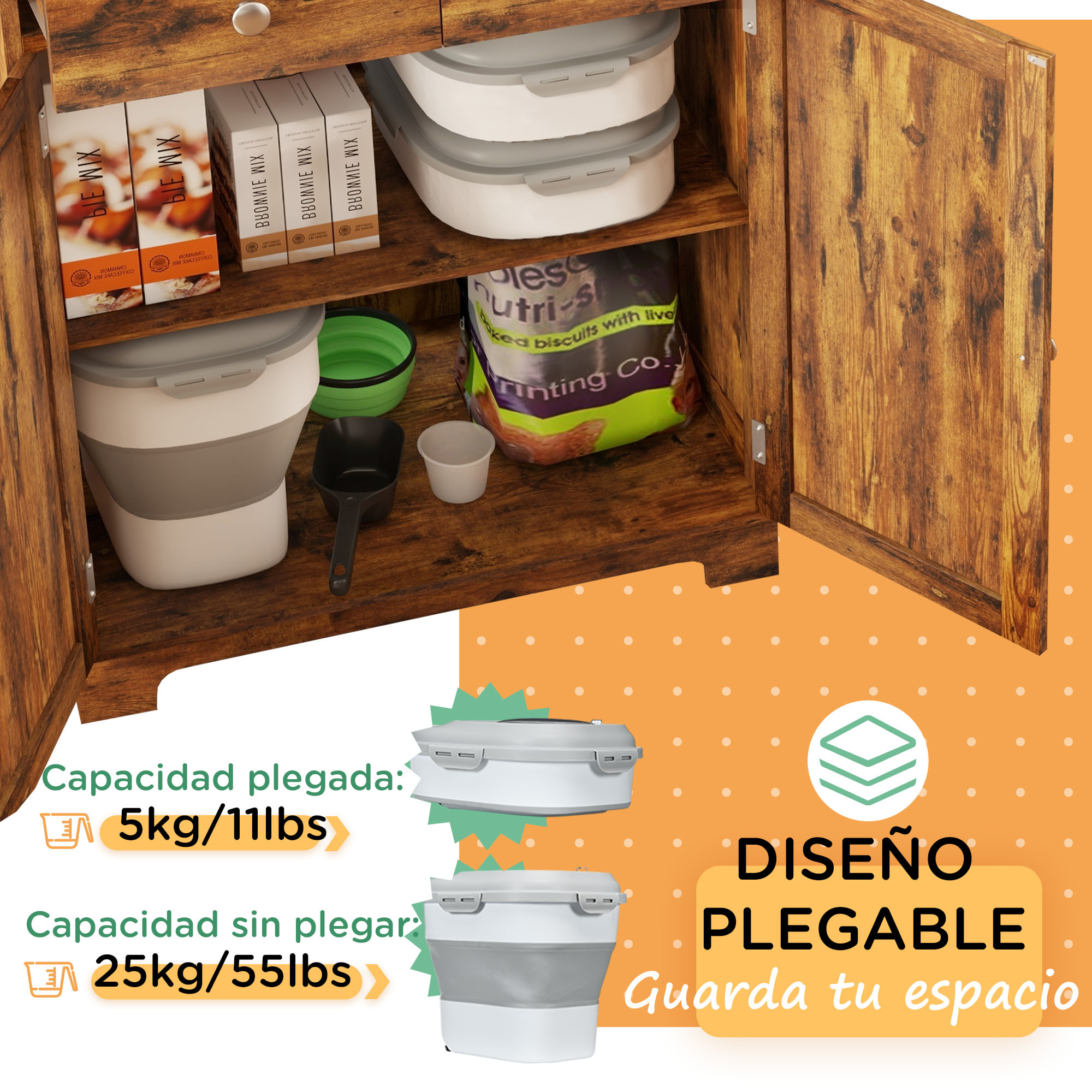 Contenedor de Comida para Perros Plegable 25L Contenedor de Pienso con Ruedas Taza Medidora Cuenco Plegable y Cuchara Contenedor de Comida para Mascotas Gatos Gris