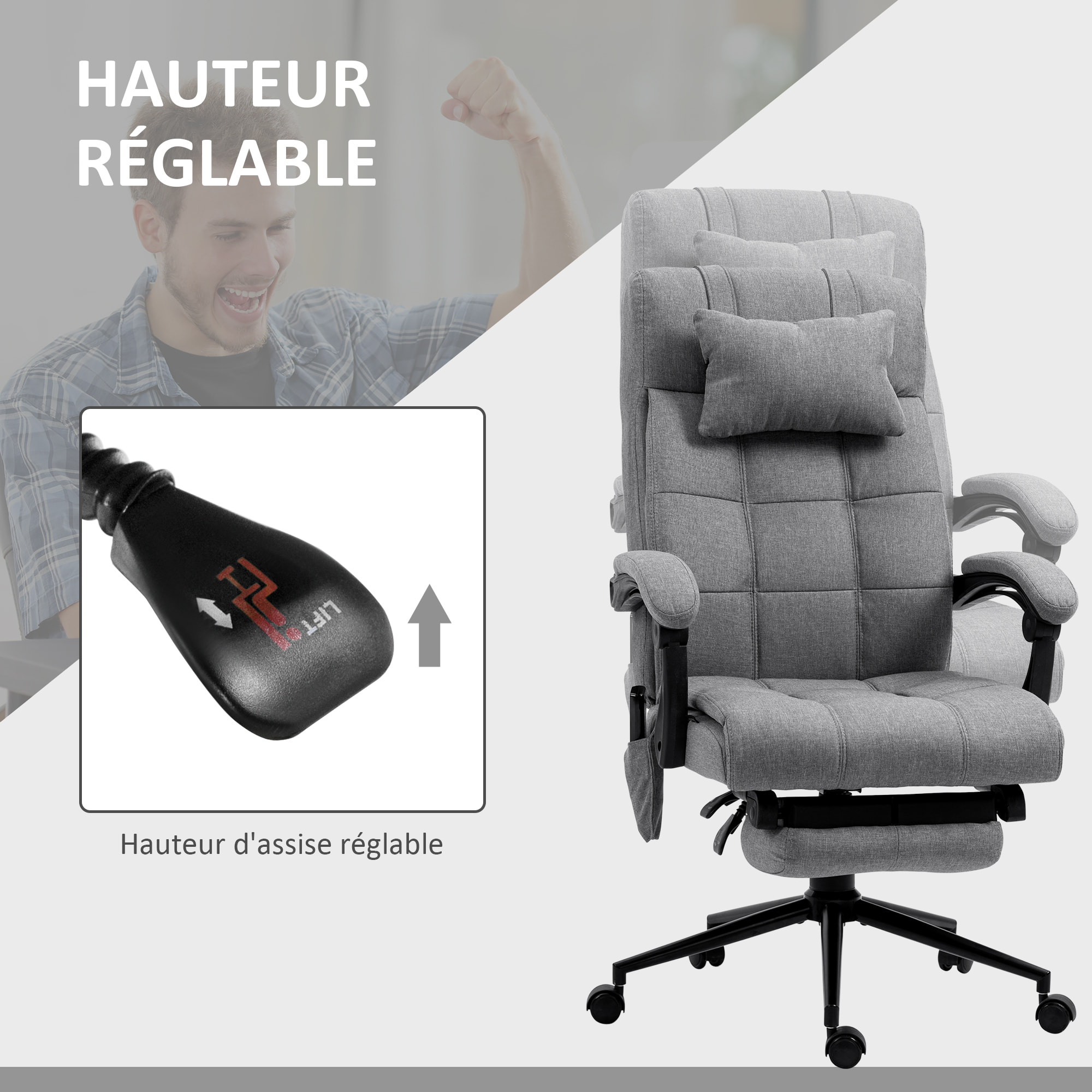 Chaise de bureau ergonomique design - fonctions massante et chauffante - inclinable, réglable - repose-pied - tissu gris