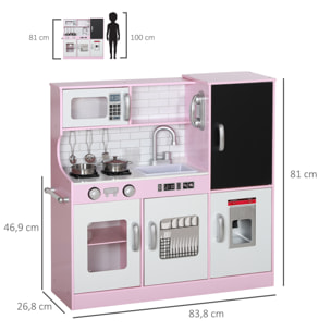 Cuisine enfant - jouet d'imitation cuisine multi-équipée - 5 accessoires acier inox - blanc rose