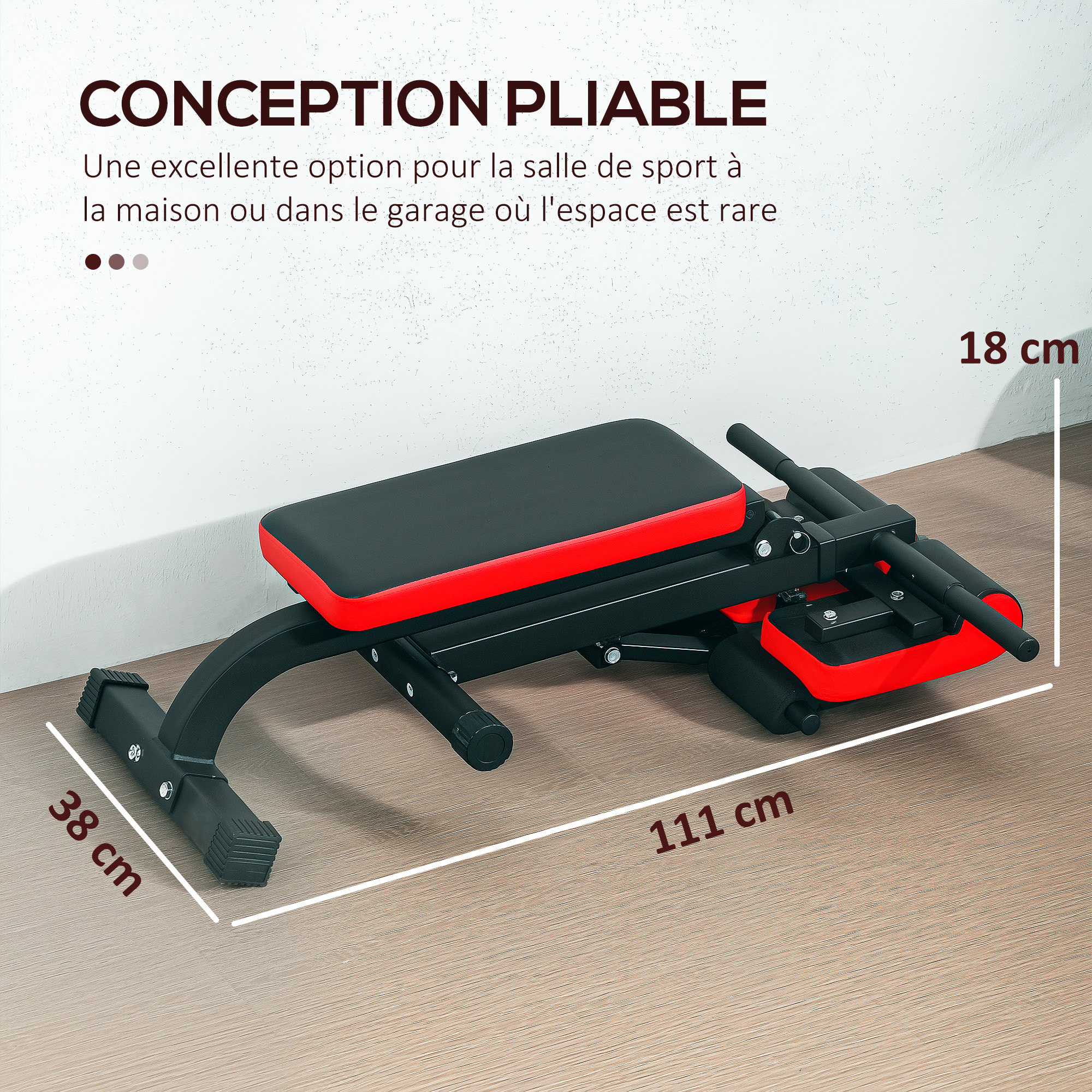 Banc de musculation 150L x 150l x 76H cm hauteur coussin abdominal réglable 7 niveaux dossier rembourré acier noir rouge