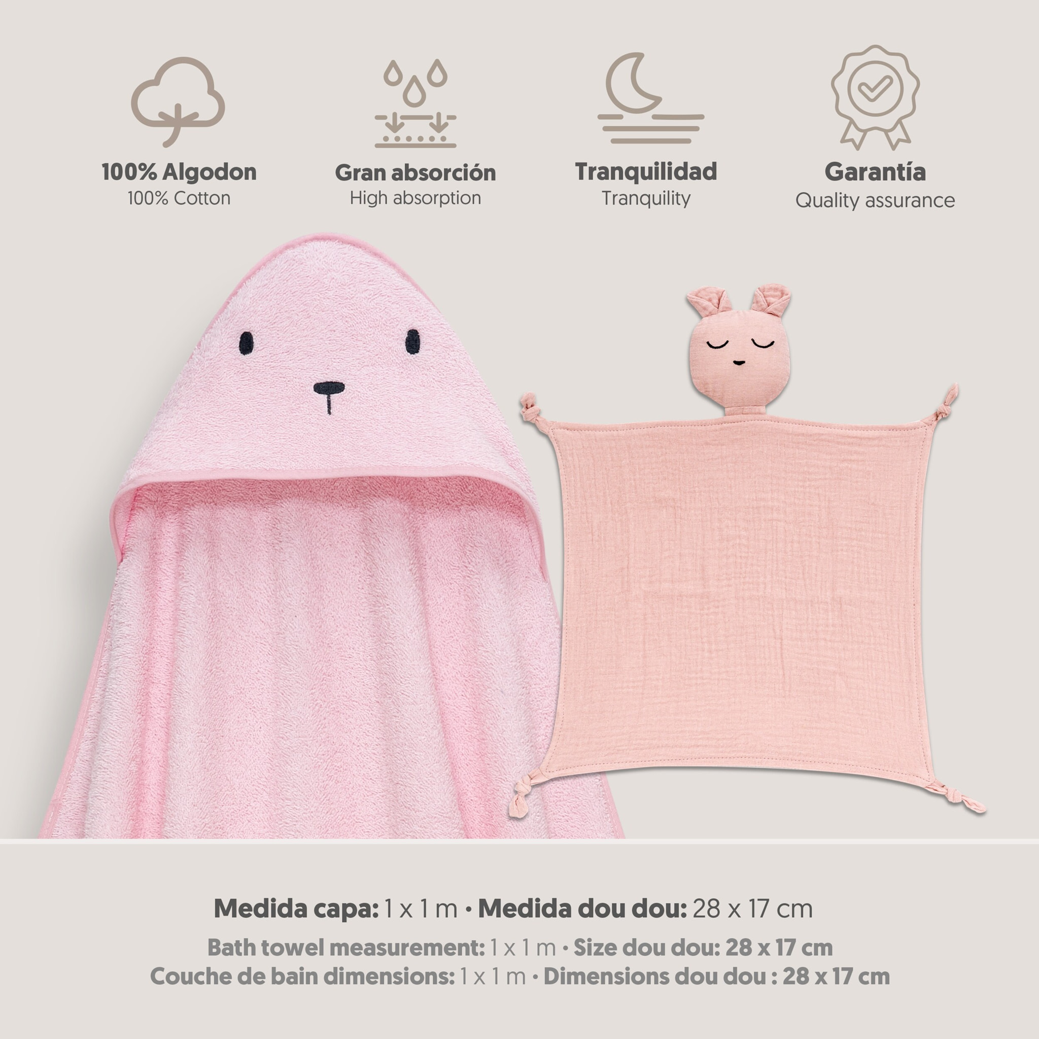 Capa Baño 1X1 Mod Oso+Dudu Muselina Rosa