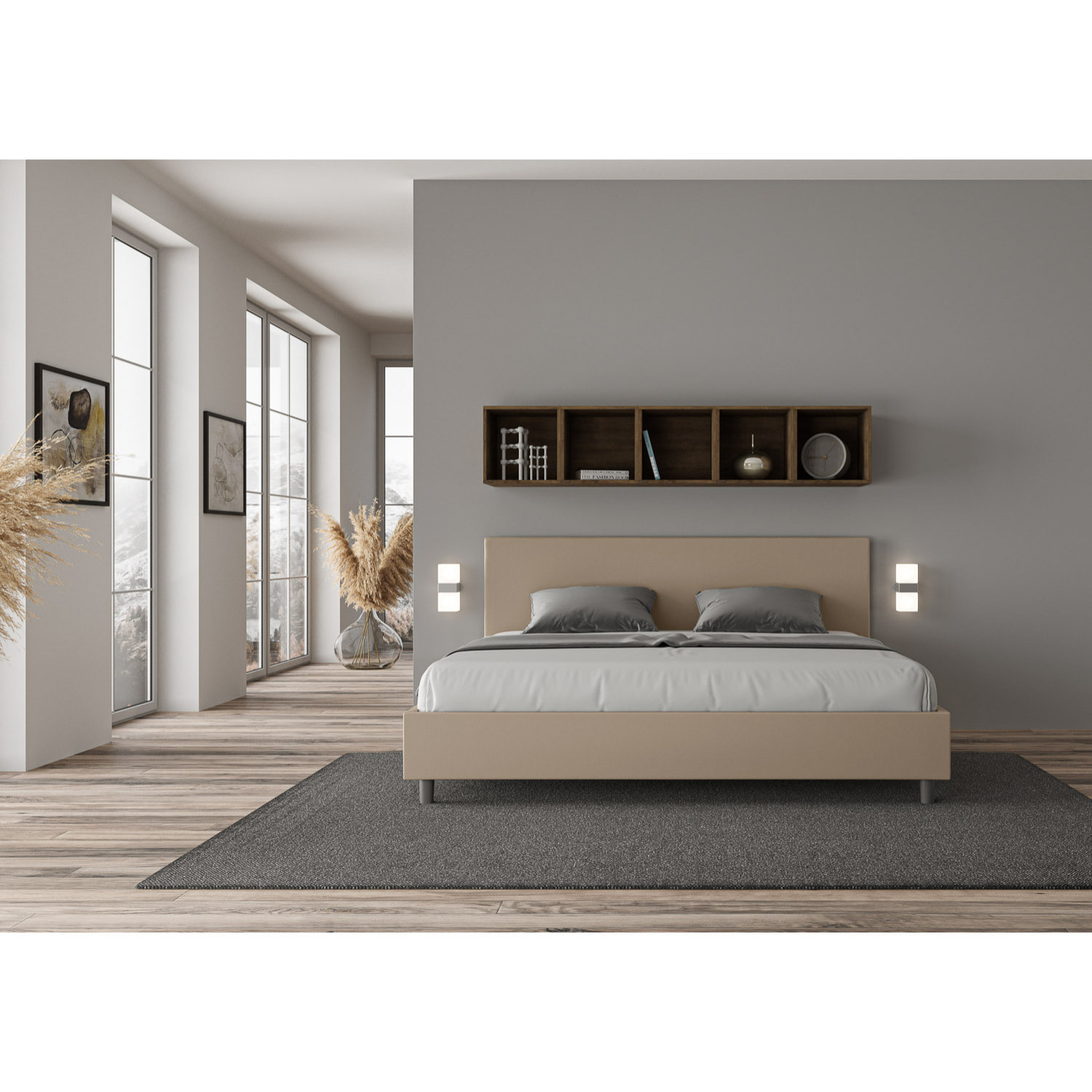 Cama matrimonial sin somier acolchada 180x210 cuero sintético gris paloma Adele