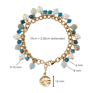 Bracciale Catena Rolo con Ciondoli in Acquamarina. Apatite Blu e Perle Bianche