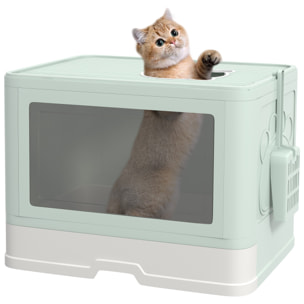 Arenero para Gatos Cubierto Caja de Arena Desmontable con Bandeja Extraíble Pala Caja de Almacenaje Cepillo 2 Puertas Entrada Principal y Salida Superior 48,5x38x36,5 cm Verde Claro y Blanco