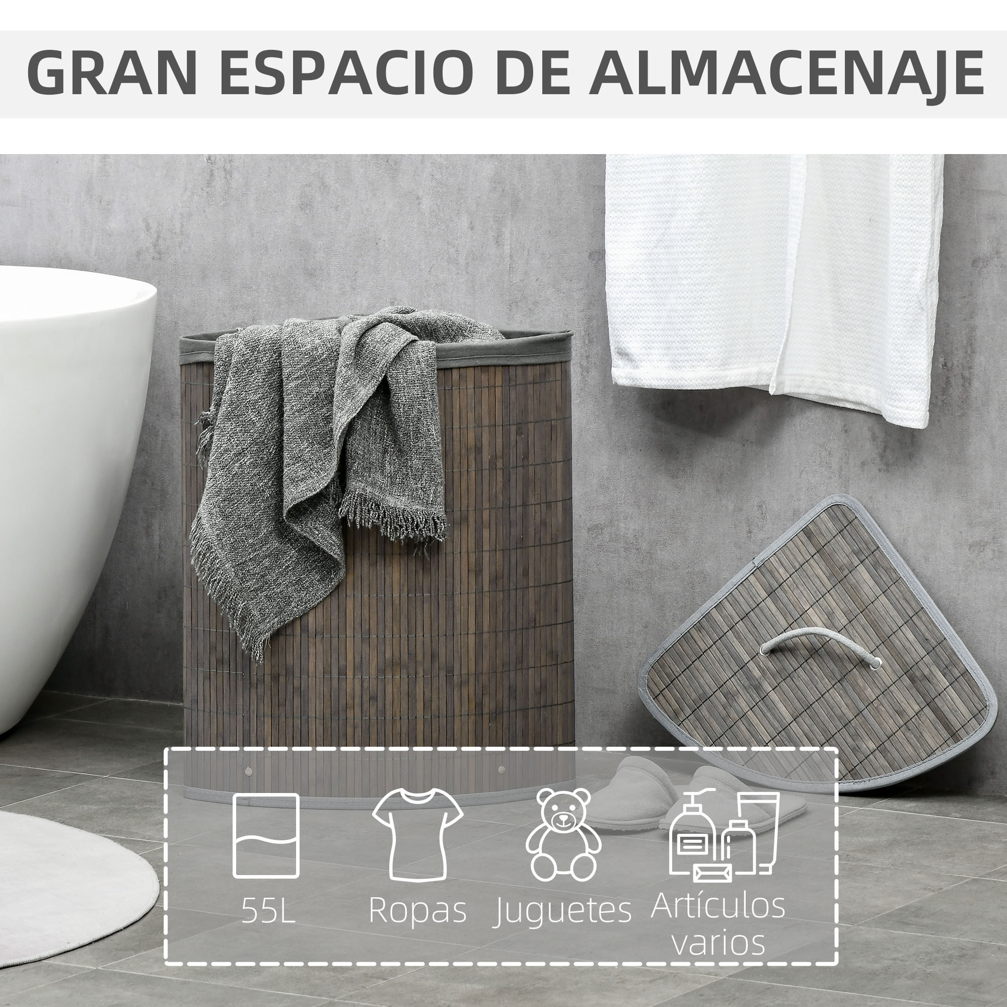 Cesto para Ropa Sucia de Bambú Capacidad de 55L Cesta para la Colada en Forma de Abanico con Tapa y Bolsa Extraíble 38x38x57 cm Gris