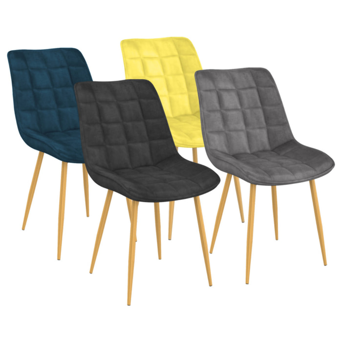 Chaises Melinda en velours mix de couleurs (bleu, gris clair, gris foncé et jaune) et pieds dorés - lot de 4